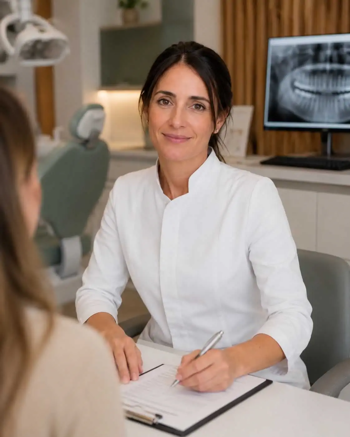 Odontóloga conversando con una paciente en el consultorio, con una radiografía panorámica en pantalla.